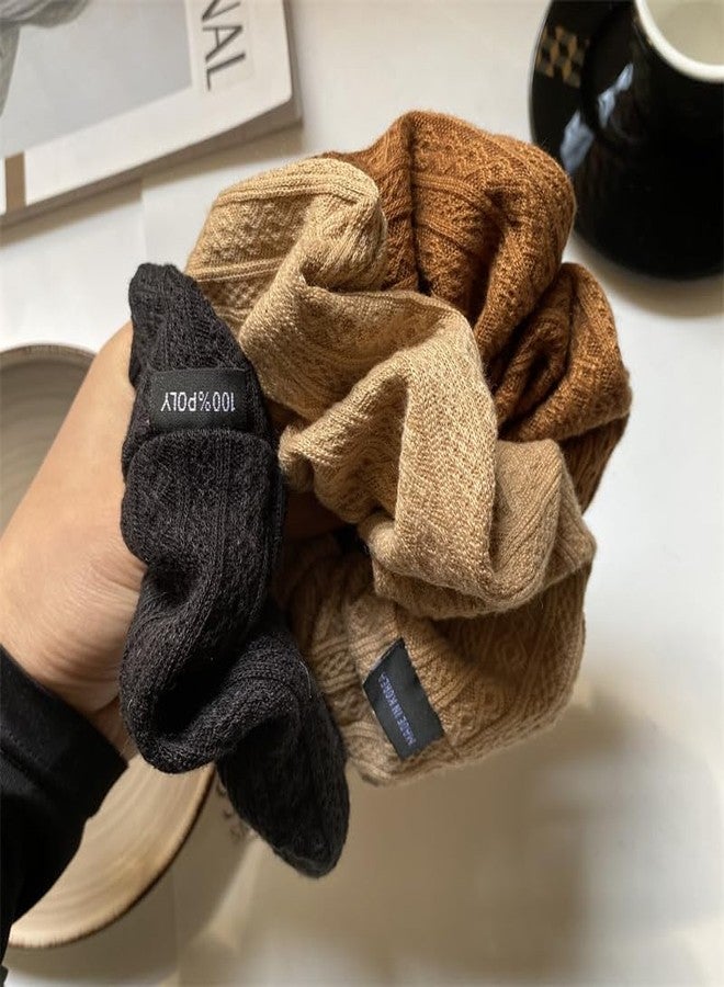 TUCEWP Scrunchies for Women's Hair 3Pcs Brown Camel Black Knit Scrunchies for Long Thick Curly Hair Ultra Textured Soft Hair Bands Neutral Scrunchie Cute Ponytail Holders No Damage Elastic Hair Ties - Image 4