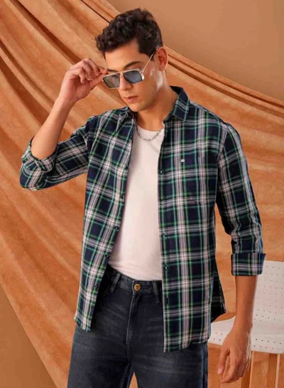 The Indian Garage Co Men Slim Fit Checkered Full Sleeves Cutaway Collar Casual Shirt