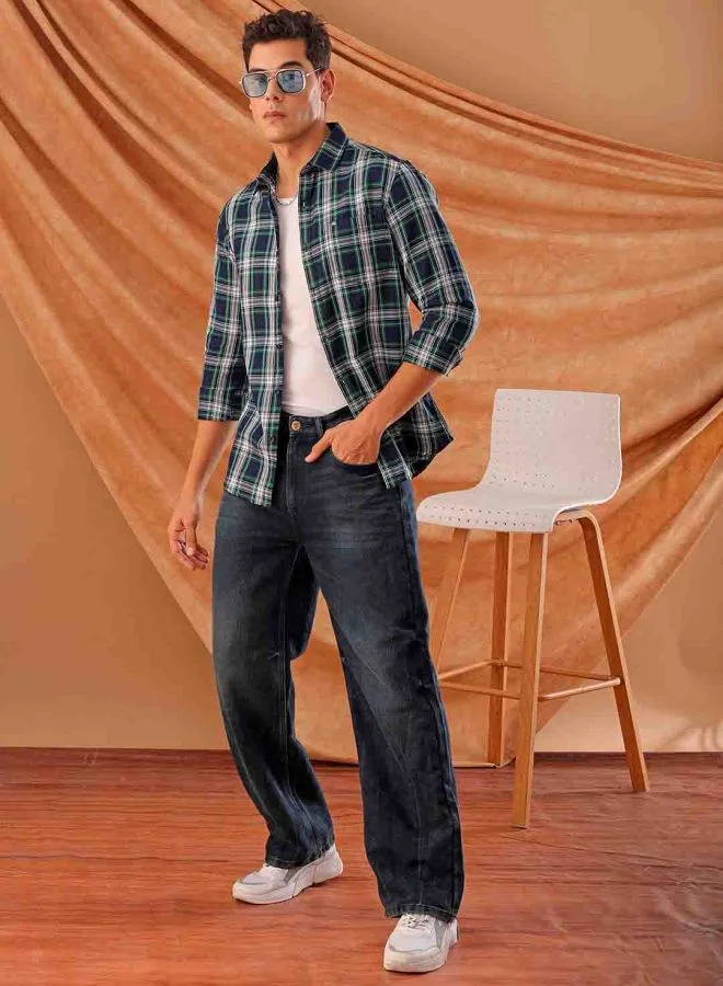 The Indian Garage Co Men Slim Fit Checkered Full Sleeves Cutaway Collar Casual Shirt