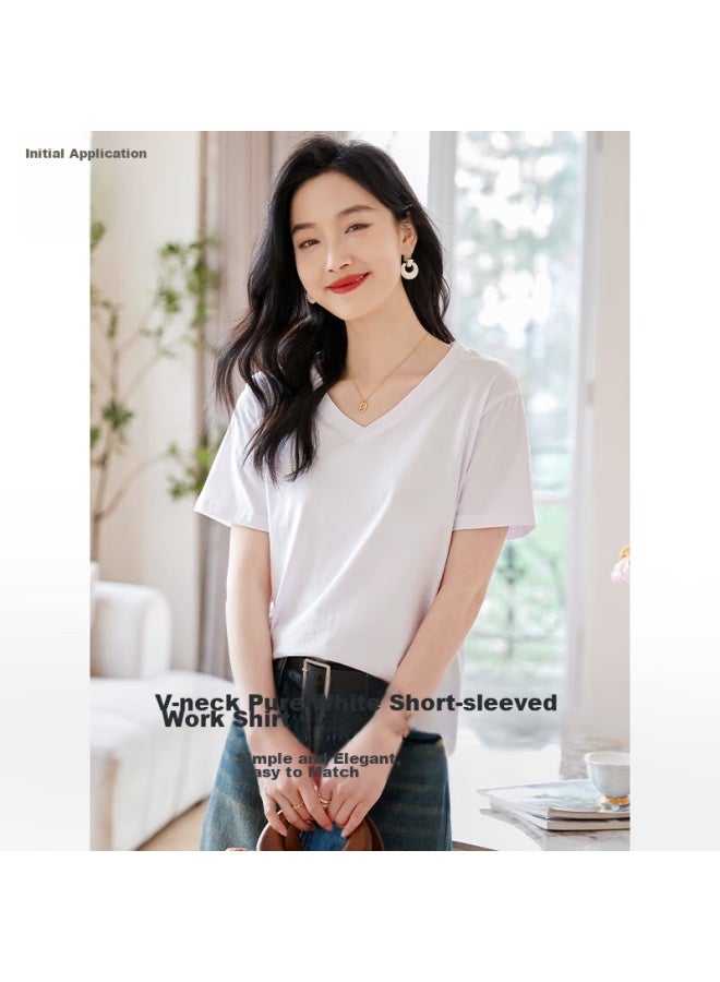 Chushen Summer V-neck Pure Cotton Short-sleeve T-shirt For Women, Simple Versatile Casual Commuter Base Layer Top Sw1kdf1