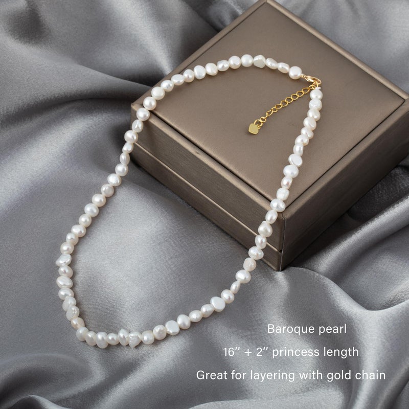 NUZON 6-7mm Baroque Pearl Choker Necklace for Women Natural Freshwater White Pearl Beaded Necklace Strand Elegant Summer Layering Jewelry 16" - Image 4