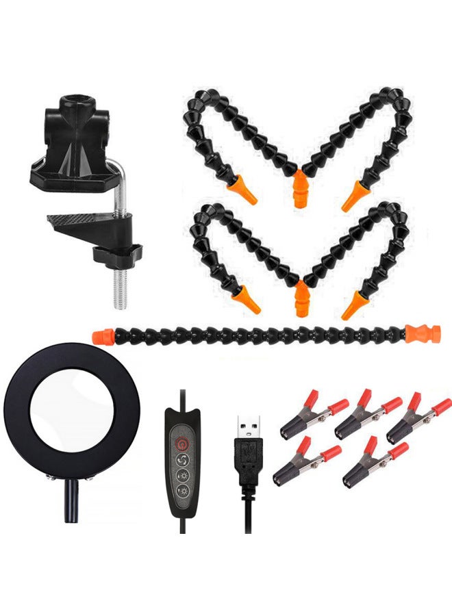 Magnifying Mirror Lamp Welding Table 3 Times USB Adjustable 4 Claw Table Welding PCB Clamp Flexible Arm Welding Tool With Lamp-Color:Black Three-hole Five-arm Black Plus Magnifying Mirror Lamp  - Image 1