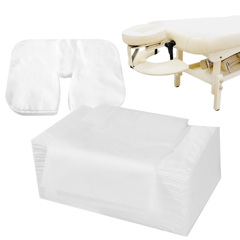 Uralili 100 Pieces Disposable Non Woven Massage Table Sheets Set Include 50 Pieces 31x71 Inches Soft Massage Bed Sheet & 11x14 Inches Face Cradle Covers For Massage Beauty Salon -White - Image 1