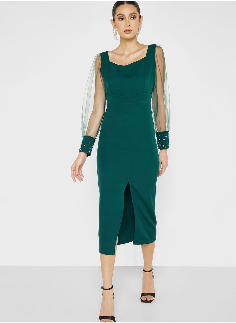Ella Limited Edition - Mesh Sleeve Bodycon Dress With Slit - Image 1
