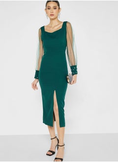 Mesh Sleeve Bodycon Dress With Slit