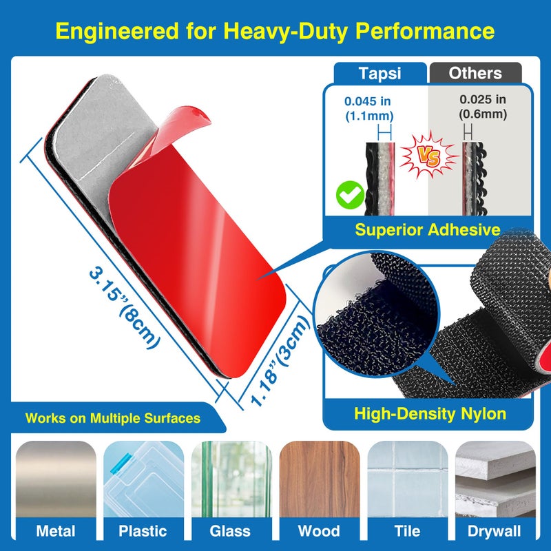 Tapsi 8 Sets Heavy-Duty Adhesive Hook and Loop Strips â€“ 1.2" x 3.2" High-Bond Fastening Strips, Heat-Resistant & Waterproof, Strong Hold for Indoor/Outdoor Mounting on Wall, Glass, Tile, Metal & More - Image 2