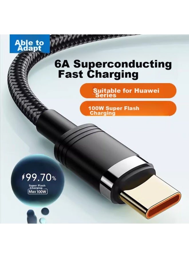 CAN كابل شحن نوع C من فيت، كابل بيانات 100 واط، شحن سريع، مناسب لهواوي، هونر، أوبو، شاومي، فيفو، كابل شحن فلاش 66 واط، شاحن سيارة، 6 أمبير، ممتد 2 متر، أسود - Image 1