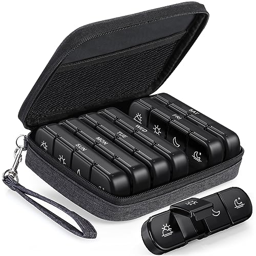 PULIV Weekly Pill Organizer 4 Times a Day with a Business Stylish Bag Portable Pill Box 7 Day with 28 Compartments for Men Removable Pill Sorters to Store Vitamin Medication Fish Oil Supplements