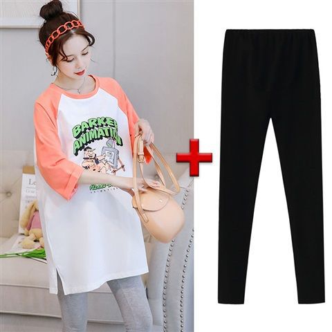 Pregnant Womens Spring T-shirt Autumn New suit Fashion Two-piece Early Spring Top Base Shirt Summer dress Orange shirt black pants [suit]]