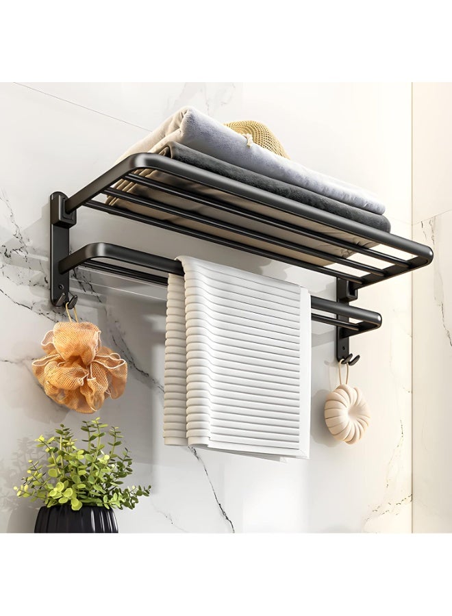 Beauenty Black Towel Rail for Bathroom, Self Adhesive Towel Holder with Shelf, 90° Foldable Towel Rack Wall Mounted, 2 Tier Towel Bar with Hooks No Drilling, Aluminum (58CM) - Image 1