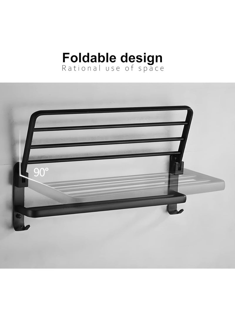 Beauenty Black Towel Rail for Bathroom, Self Adhesive Towel Holder with Shelf, 90° Foldable Towel Rack Wall Mounted, 2 Tier Towel Bar with Hooks No Drilling, Aluminum (58CM) - Image 4