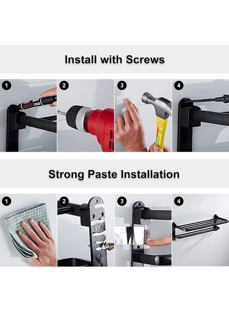 Beauenty Black Towel Rail for Bathroom, Self Adhesive Towel Holder with Shelf, 90° Foldable Towel Rack Wall Mounted, 2 Tier Towel Bar with Hooks No Drilling, Aluminum (58CM) - Image 3