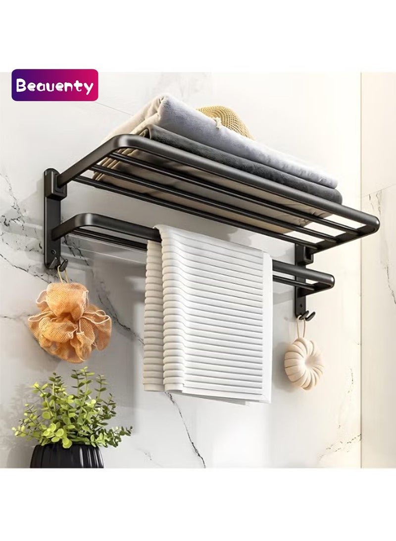 Beauenty Black Towel Rail for Bathroom, Self Adhesive Towel Holder with Shelf, 90° Foldable Towel Rack Wall Mounted, 2 Tier Towel Bar with Hooks No Drilling, Aluminum (58CM) - Image 1