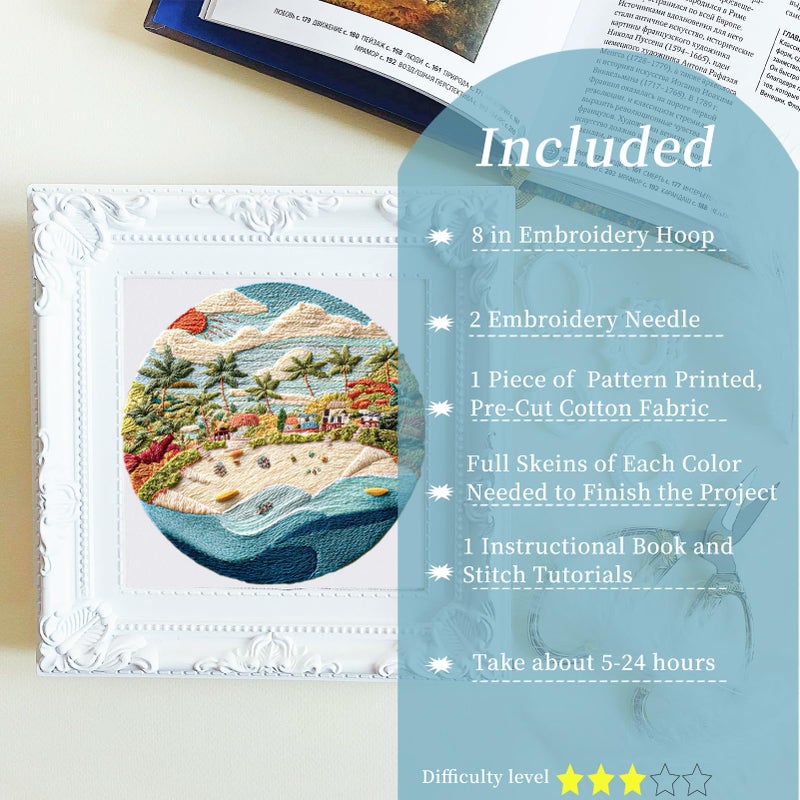 FONNUY Beach Ocean Embroidery Kit, Cross Stitch Kits for Beginners, Handmade Crafts with Printed Patterns for Beginner Adults, Easy to Follow Color Thread Needlework, 8'' Hoop (Coconut Tree) - Image 2