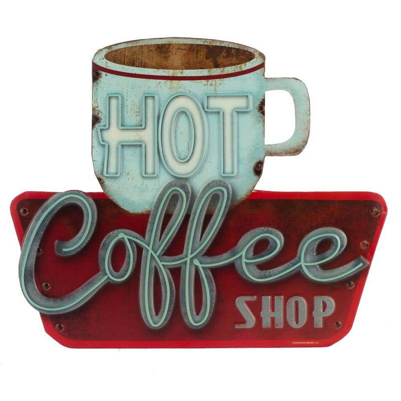 Open Road Brands Hot Coffee Shop Embossed Metal Sign  Vintage Diner Sign for Kitchen Office or Coffee Bar