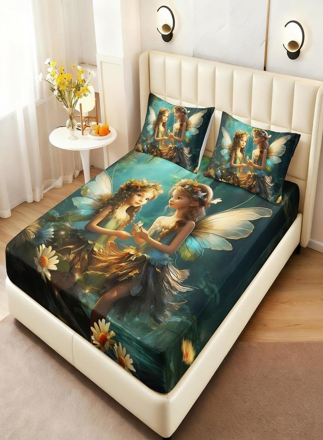 AILONEN Fairy with Butterfly Wings Fitted Sheet Twin Size, Magical Little Fairy in The Forest Bedding Sets for Kids Girls,Fairy Mom and Daughter Bed Sheets Set,1 Fitted Sheet + 2 Pillowcases,3 Pcs - Image 2
