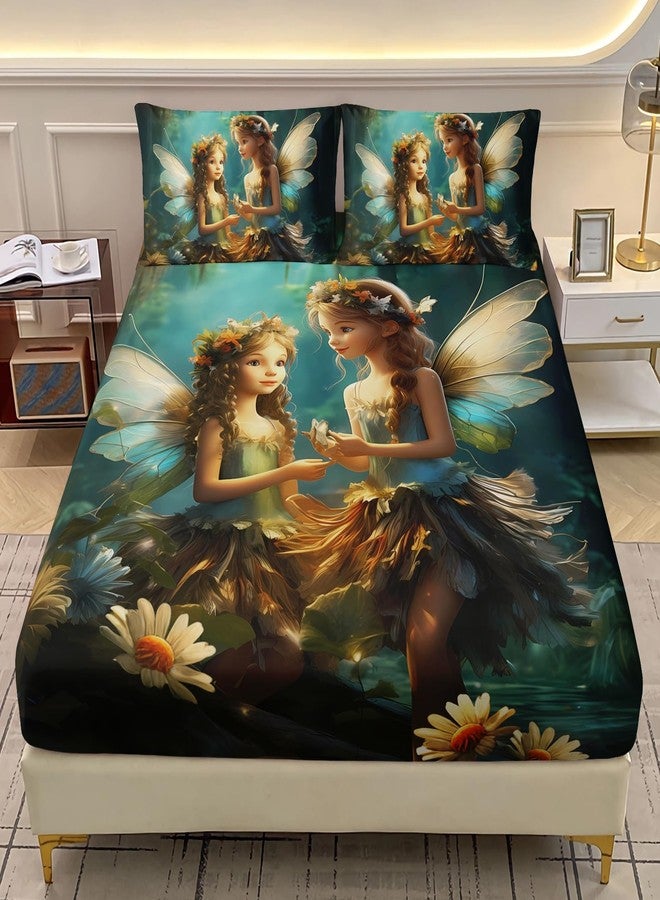 AILONEN Fairy with Butterfly Wings Fitted Sheet Twin Size, Magical Little Fairy in The Forest Bedding Sets for Kids Girls,Fairy Mom and Daughter Bed Sheets Set,1 Fitted Sheet + 2 Pillowcases,3 Pcs - Image 1