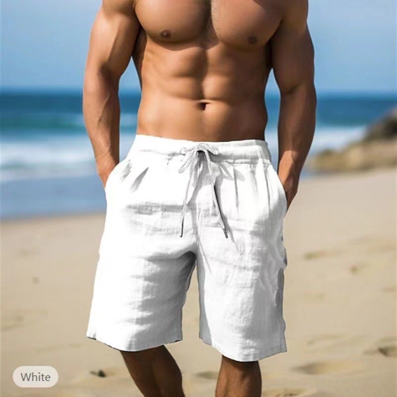 Summer Men'S Linen Shorts Lace-Up Elastic Waist Beach Pants Casual Sports Men'S Shorts - Image 1