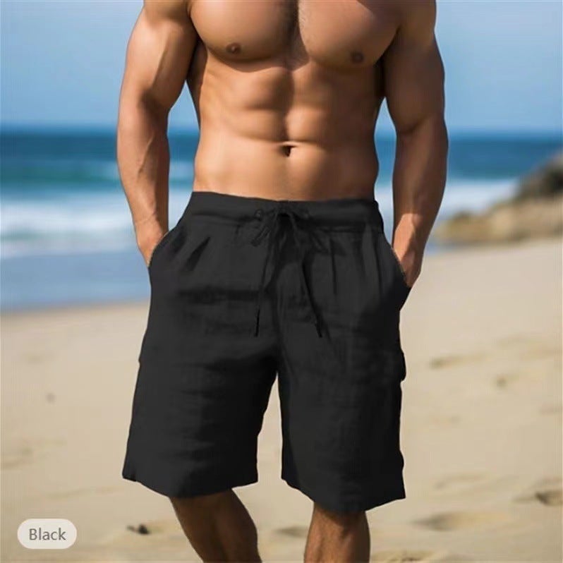 Summer Men'S Linen Shorts Lace-Up Elastic Waist Beach Pants Casual Sports Men'S Shorts - Image 4