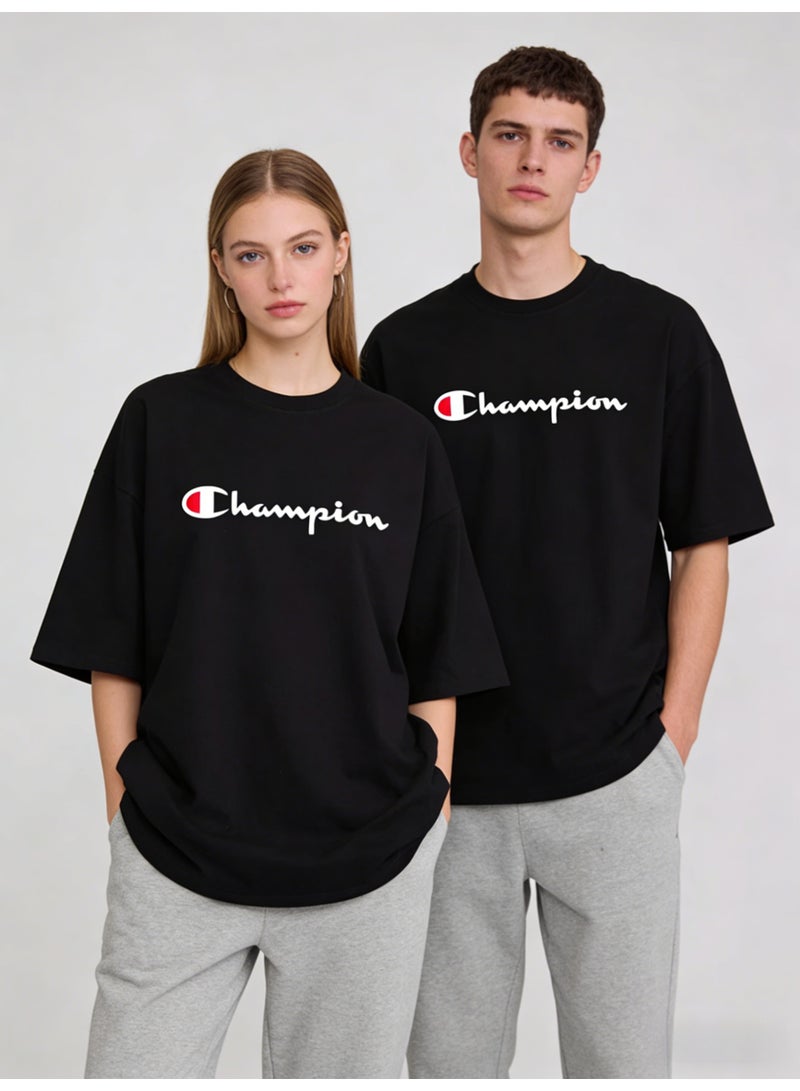 Champion Logo Black Oversized Plus Size T-Shirt - Unisex Cotton Tee for Men & Women - Image 4