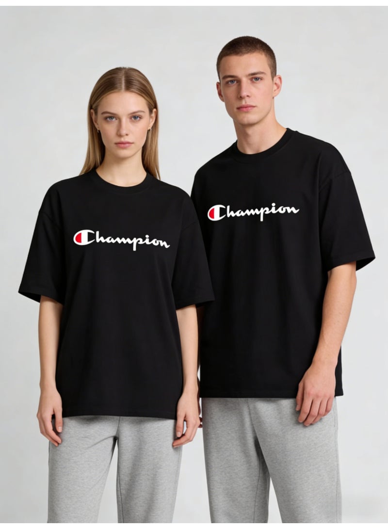 Champion Logo Black Oversized Plus Size T-Shirt - Unisex Cotton Tee for Men & Women - Image 1