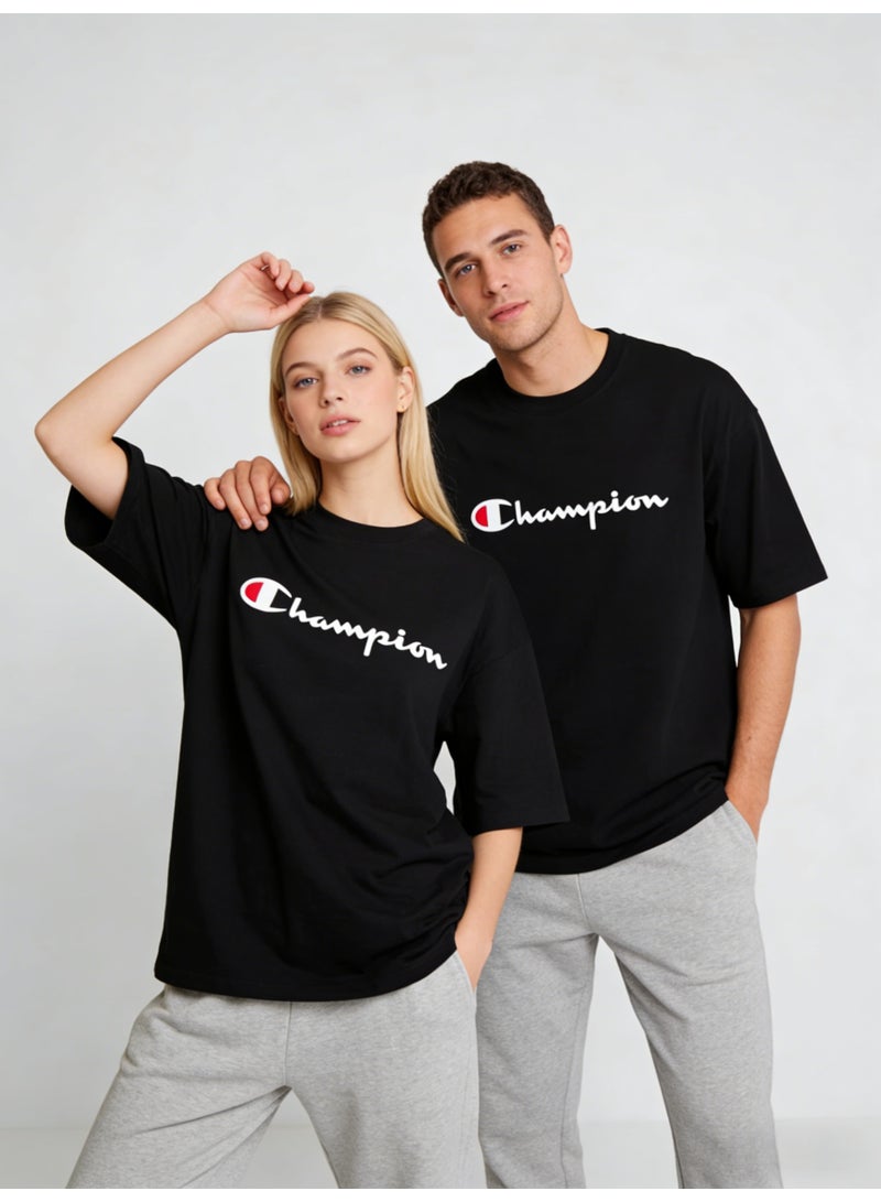 Champion Logo Black Oversized Plus Size T-Shirt - Unisex Cotton Tee for Men & Women - Image 2