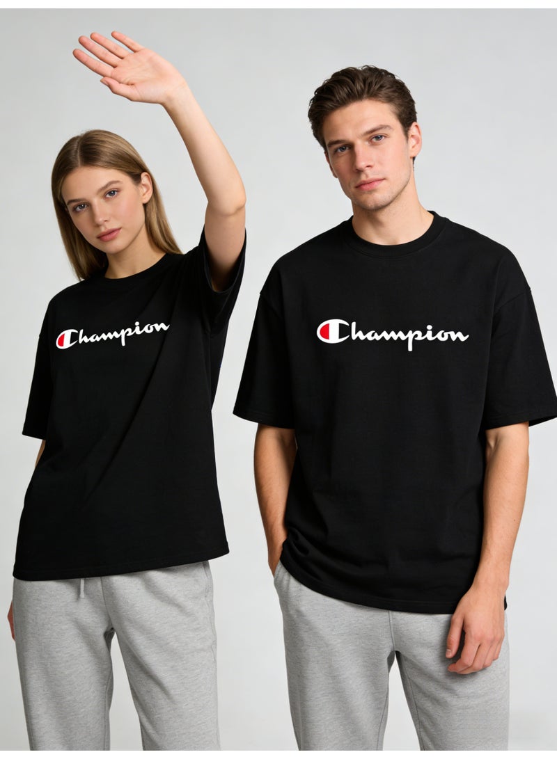 Champion Logo Black Oversized Plus Size T-Shirt - Unisex Cotton Tee for Men & Women - Image 3
