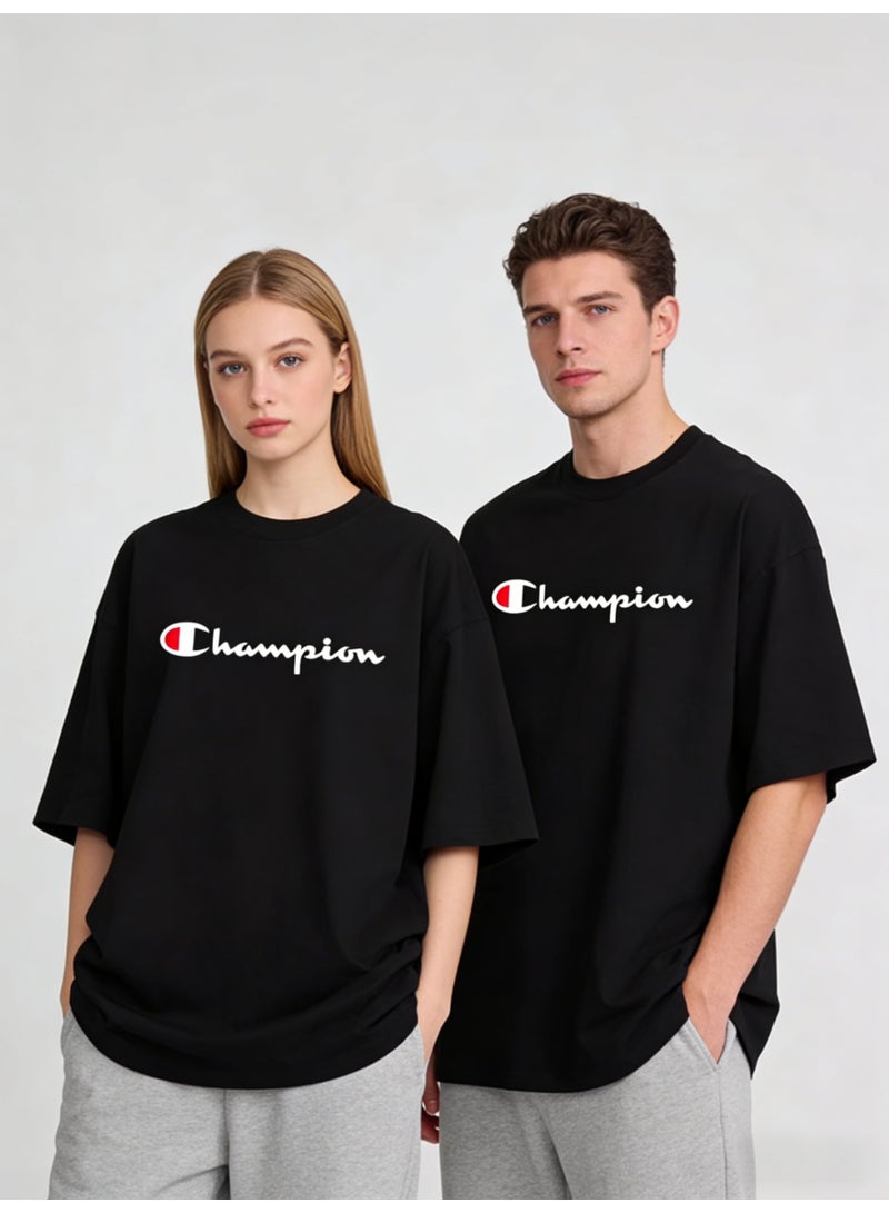 Champion Logo Black Oversized Plus Size T-Shirt - Unisex Cotton Tee for Men & Women - Image 5