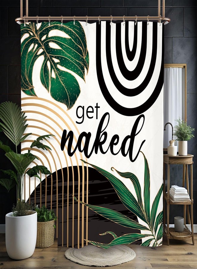 Miyotaa Emerald Green Abstract Shower Curtain Set 60Wx71H Inches Get Naked Minimalist Aesthetic Modern Contemporary Plant Polyester Waterproof Cloth Bathroom Curtain with 12 Hooks - Image 1