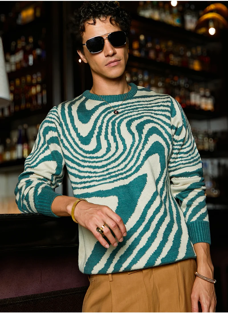 كامبوس سوترا Men's Emerald Green & Saltbox Beige Fluid Pullover Sweater
