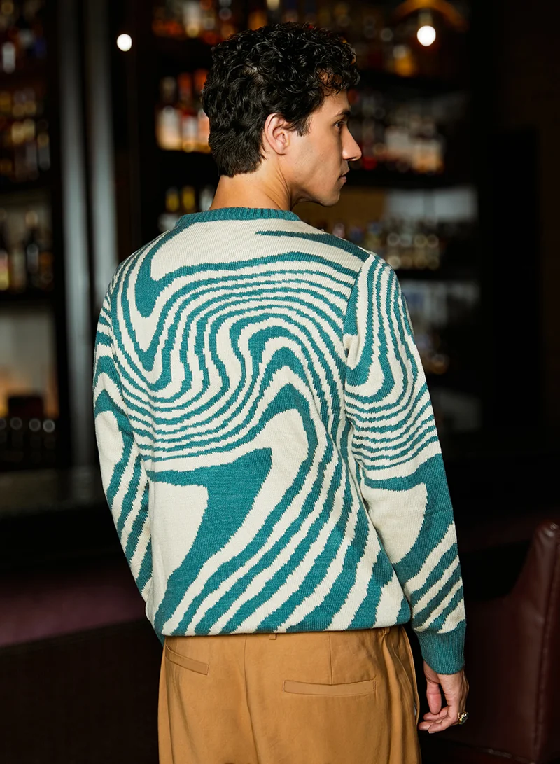 كامبوس سوترا Men's Emerald Green & Saltbox Beige Fluid Pullover Sweater