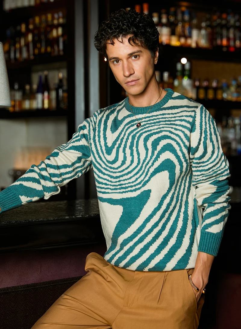 كامبوس سوترا Men's Emerald Green & Saltbox Beige Fluid Pullover Sweater