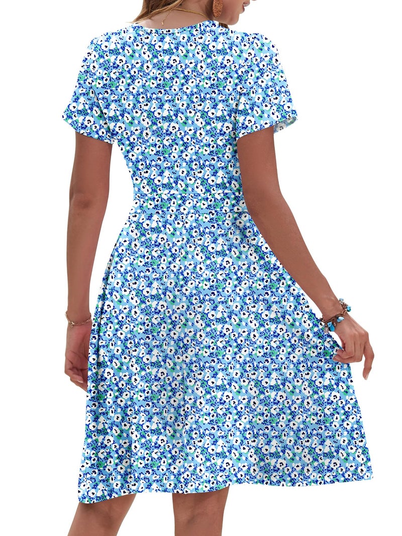 AUSELILY Sundresses for Women Floral Short Sleeve Wrap V Neck Knee Length Dress with Pockets, Floral Blue M - Image 4