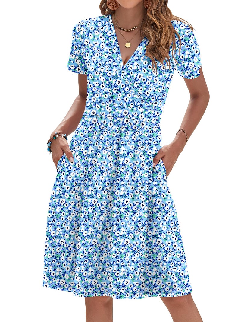 AUSELILY Sundresses for Women Floral Short Sleeve Wrap V Neck Knee Length Dress with Pockets, Floral Blue M - Image 1