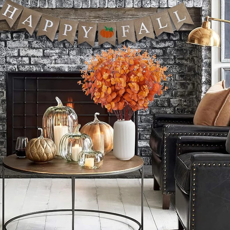 YHRY 3pcs Artificial Fall Eucalyptus Leaves Fake Eucalyptus Branches Faux Silk Eucalyptus Stems Orange Silver Dollar Eucalyptus Plant for Autumn Home Wedding Table Thanksgiving Decor(Orange) - Image 4