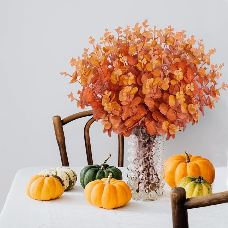 YHRY 3pcs Artificial Fall Eucalyptus Leaves Fake Eucalyptus Branches Faux Silk Eucalyptus Stems Orange Silver Dollar Eucalyptus Plant for Autumn Home Wedding Table Thanksgiving Decor(Orange) - Image 2