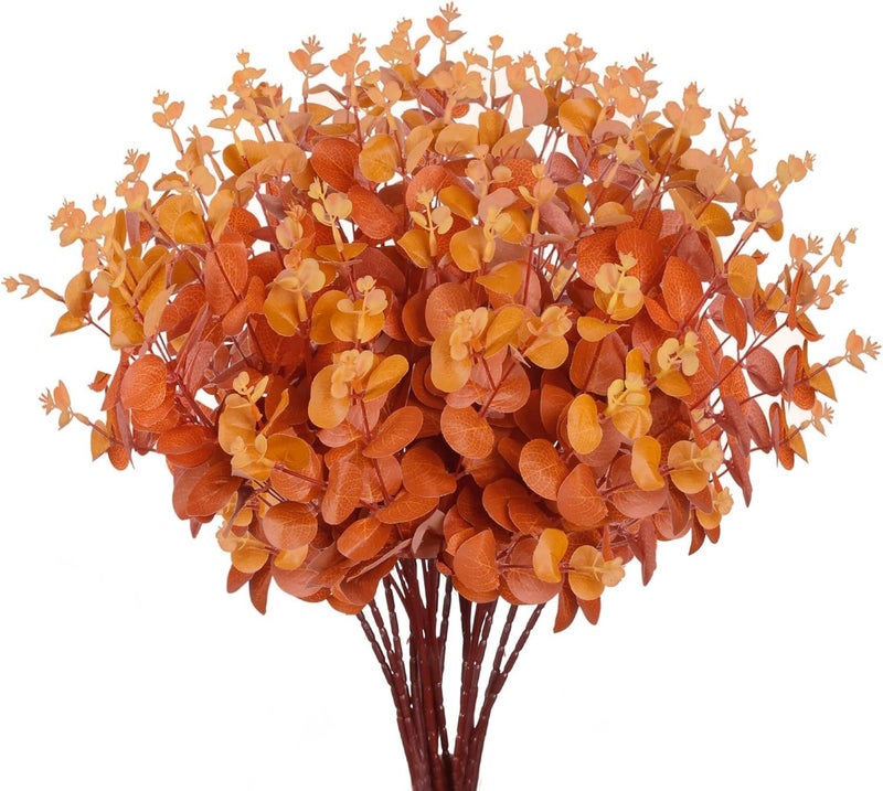 YHRY 3pcs Artificial Fall Eucalyptus Leaves Fake Eucalyptus Branches Faux Silk Eucalyptus Stems Orange Silver Dollar Eucalyptus Plant for Autumn Home Wedding Table Thanksgiving Decor(Orange) - Image 1
