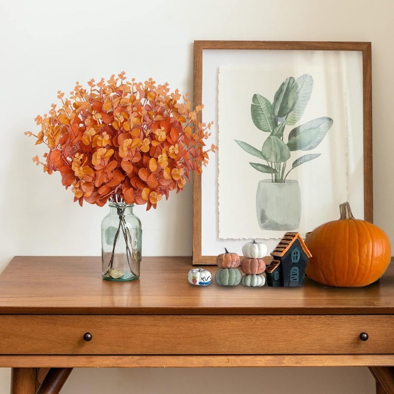 YHRY 3pcs Artificial Fall Eucalyptus Leaves Fake Eucalyptus Branches Faux Silk Eucalyptus Stems Orange Silver Dollar Eucalyptus Plant for Autumn Home Wedding Table Thanksgiving Decor(Orange) - Image 5