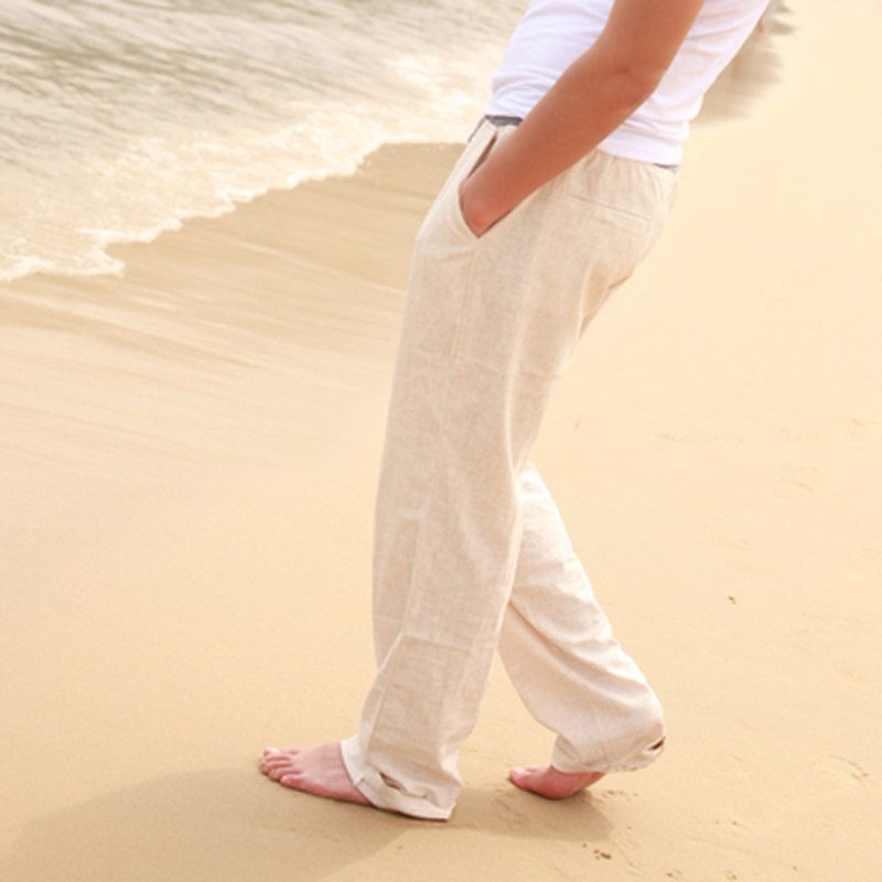 Hong Kong Linen Casual Pants Loose Thin Breathable Elasto Plus Size Beach White Straight Cotton And Linen Trousers For Men - Image 1