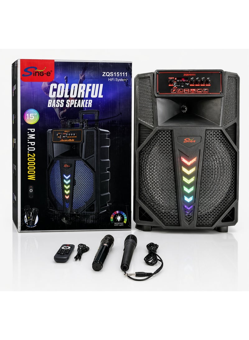 SING-E Portable Bluetooth Party Speaker with 2 Wireless Microphones, Remote Control, RGB LED Lights, Rechargeable Bass Sound System - Image 1