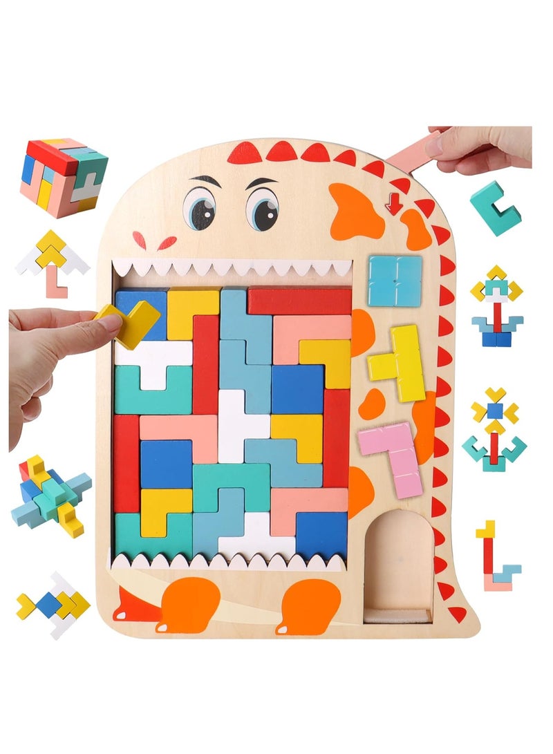 KASTWAVE Wooden Tetris Puzzle, Tangram Brain Teaser Toy, Busy Board Wooden Toy, 3 in 1 Montessori Toys for 1-6 Years Old Kids, 3D Jigsaw Brick Puzzle, Developmental Toy, Educational Toy Gift for Boys Girls - Image 1