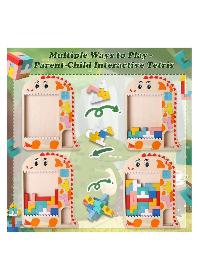 KASTWAVE Wooden Tetris Puzzle, Tangram Brain Teaser Toy, Busy Board Wooden Toy, 3 in 1 Montessori Toys for 1-6 Years Old Kids, 3D Jigsaw Brick Puzzle, Developmental Toy, Educational Toy Gift for Boys Girls - Image 2