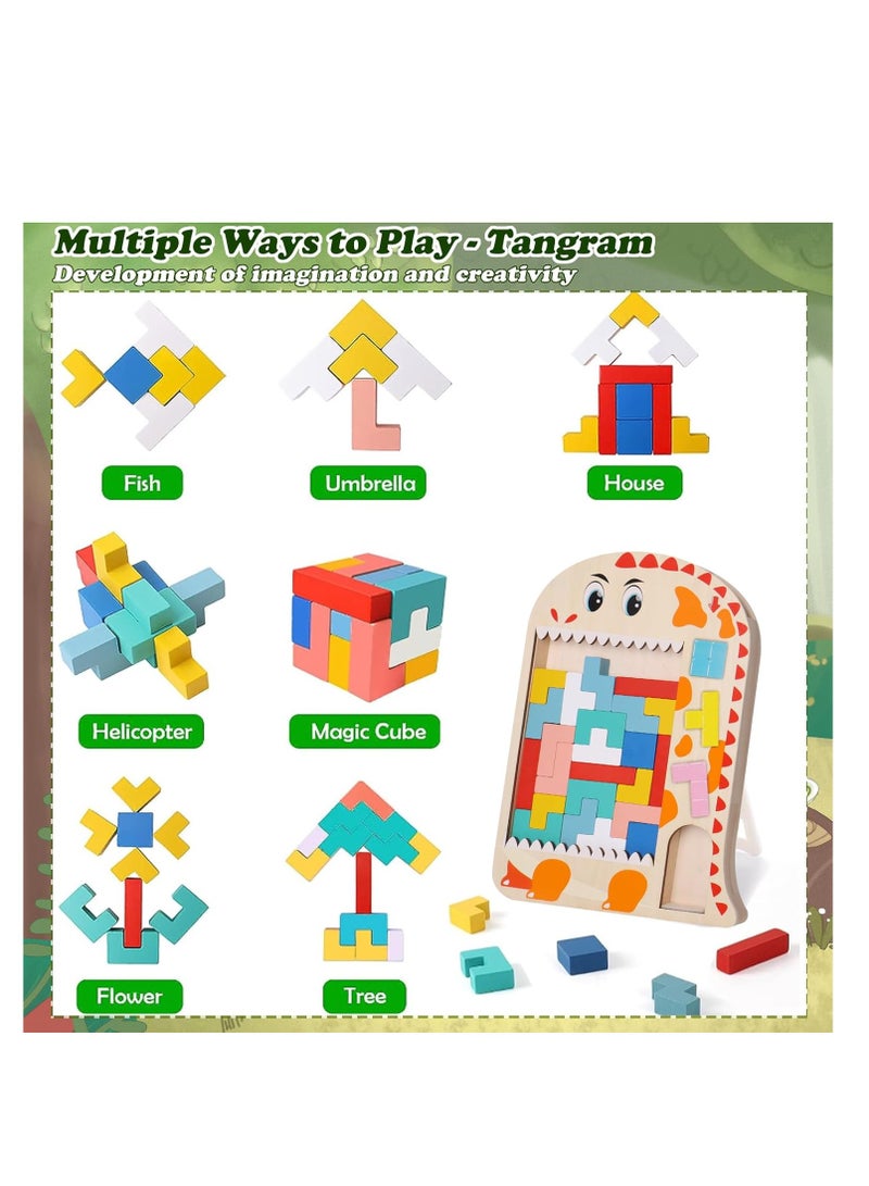 KASTWAVE Wooden Tetris Puzzle, Tangram Brain Teaser Toy, Busy Board Wooden Toy, 3 in 1 Montessori Toys for 1-6 Years Old Kids, 3D Jigsaw Brick Puzzle, Developmental Toy, Educational Toy Gift for Boys Girls - Image 3