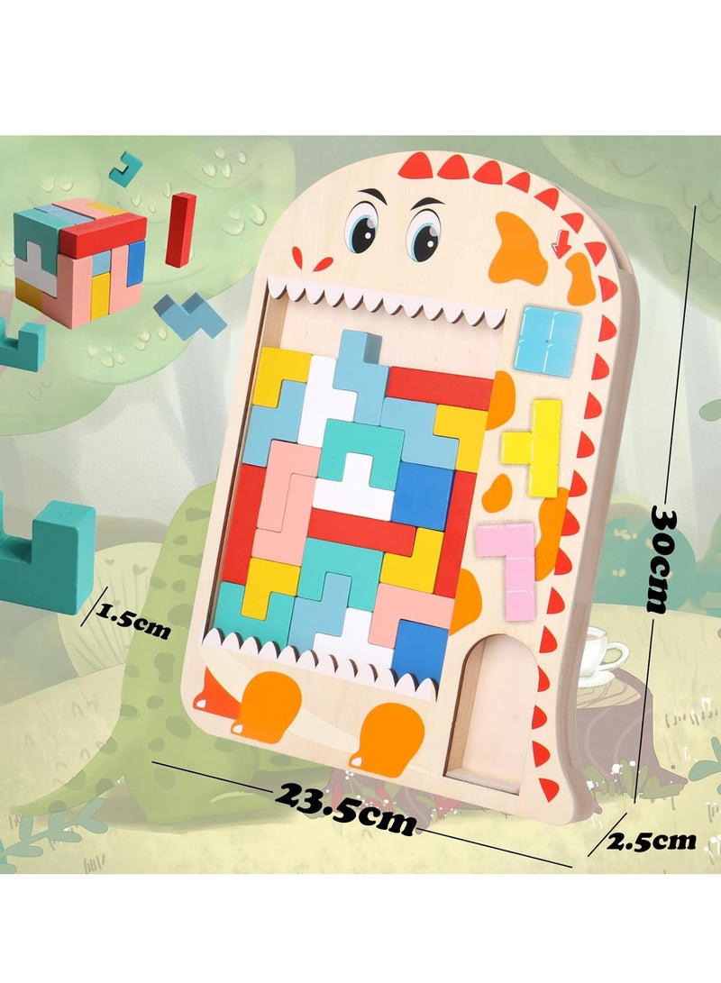KASTWAVE Wooden Tetris Puzzle, Tangram Brain Teaser Toy, Busy Board Wooden Toy, 3 in 1 Montessori Toys for 1-6 Years Old Kids, 3D Jigsaw Brick Puzzle, Developmental Toy, Educational Toy Gift for Boys Girls - Image 5