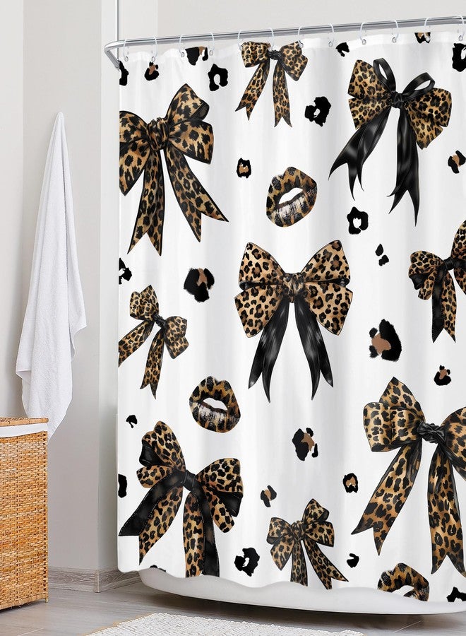Newsely Leopard Print Bow Shower Curtain 60Wx72L Inch Woman Girls Bownot Retro Brown Cheetah Fashion Shower Curtain Bathroom Set Vintage Modern Waterproof Bath Decoration Accessories Home Decor - Image 3