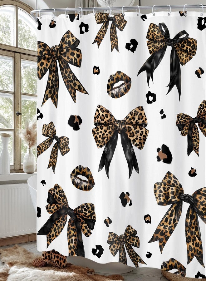 Newsely Leopard Print Bow Shower Curtain 60Wx72L Inch Woman Girls Bownot Retro Brown Cheetah Fashion Shower Curtain Bathroom Set Vintage Modern Waterproof Bath Decoration Accessories Home Decor - Image 2