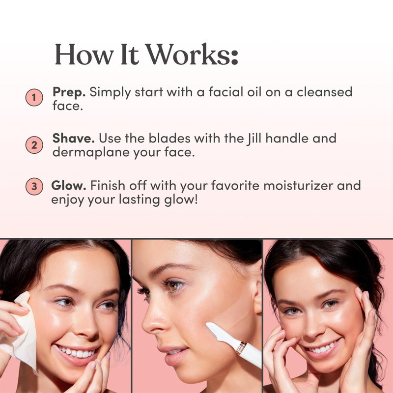 Jill Dermaplane Razor Trial Kit for Women | Facial Hair Removal Dermaplaning Kit Includes 1 Shave Wand, 2 Dermaplane Razors & Cleaning Cloth | Magic Spray Not Included | Supplies for 1 Shave - Image 3