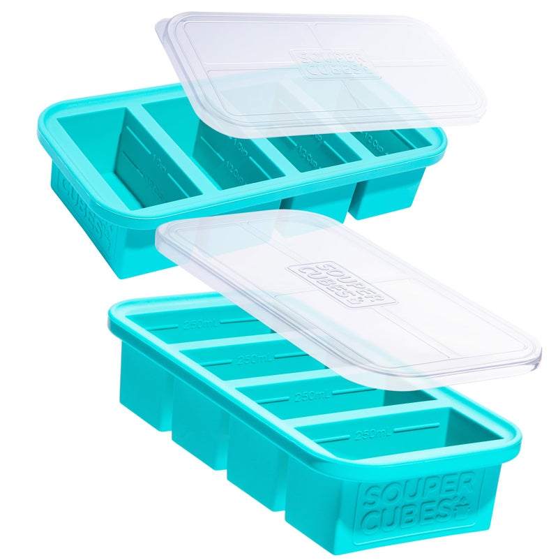 Souper Cubes 1 Cup Silicone Freezer Molds - Soup Cubes Perfect for Freezing Broth, Rice, Leftovers and More - Silicone Freezer Trays with Lids for Meal Prep - Aqua - 2-Pack - Image 1