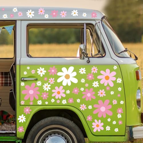 Dinifee 12 Sheets Daisy Stickers 147 Pieces Daisy Flower Car Decals Vinyl Groovy Flower Window Clings for Car Bumper Wall Laptop Mirror Truck Hippie Decoration(Cute Style) - Image 1