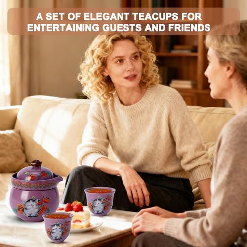 Foinly Mini Tea Cups,Cute Lucky Cat Cups,Small Tea Mugs,Porcelain Gongfu Tea set with 3 in 1,Tea Sets for Adults,Ceramic Tea Infuser Cup for Loose Leaf for Women/Tea Lovers/Birthday/Mother's Day (Purple) - Image 3